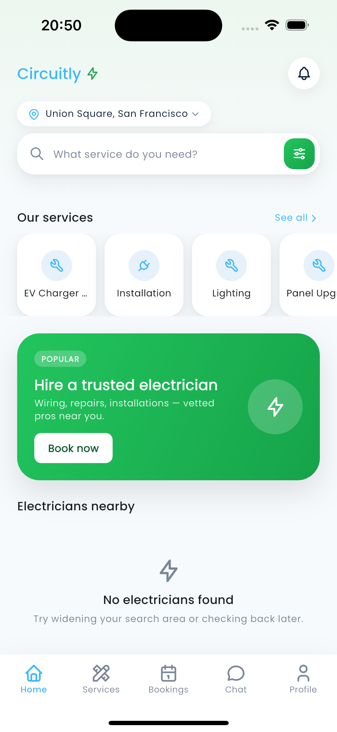 Circuitly home screen with a location picker, a "What service do you need?" search bar, service categories (Installation, Repairing, Rewiring) added from the admin dashboard, a "Hire a trusted electrician" promo, and a nearby electrician listing.