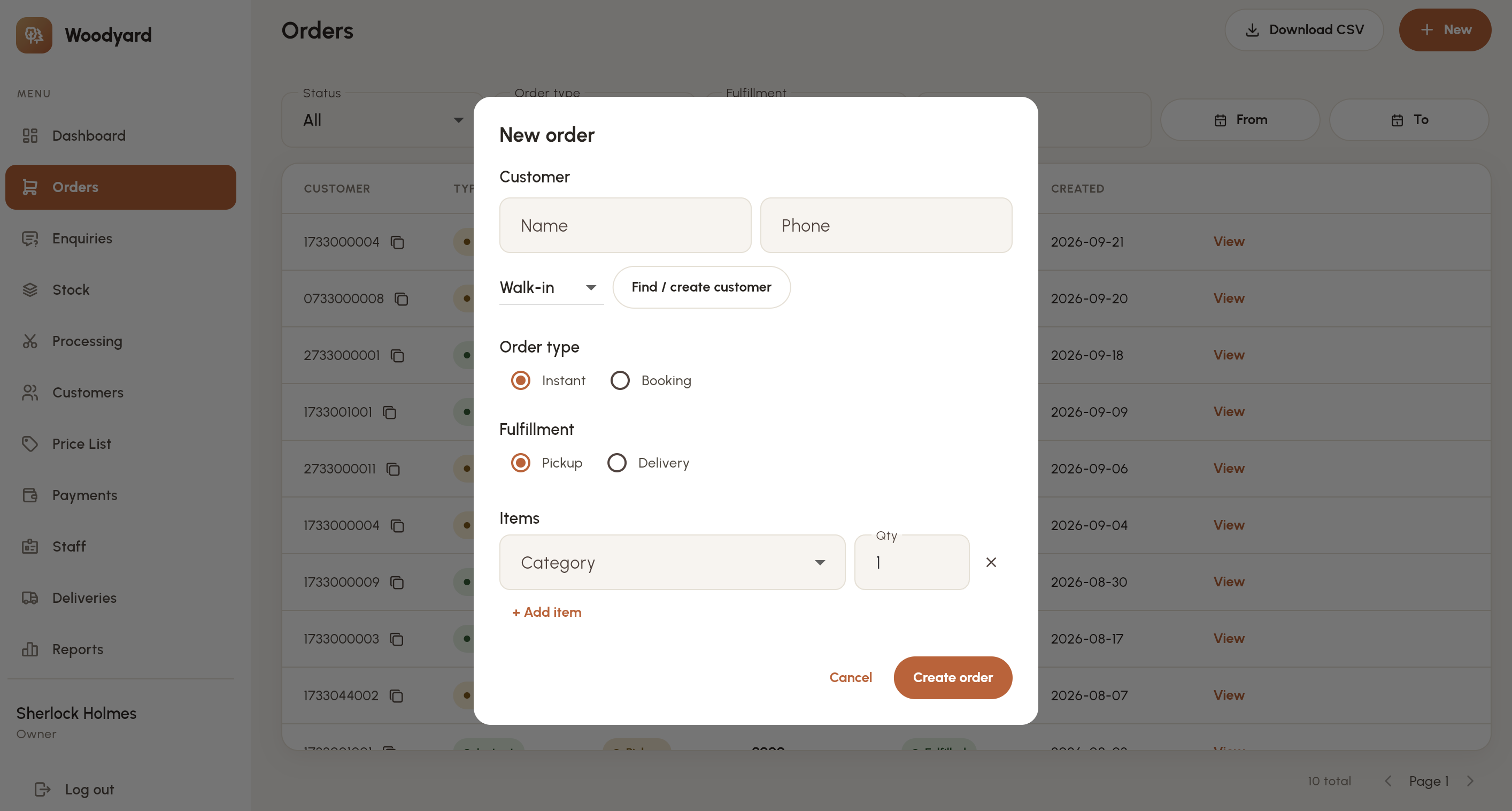 Woodyard admin "New order" dialog — find or create a customer, choose instant or booking and pickup or delivery, then add line items by category and quantity.