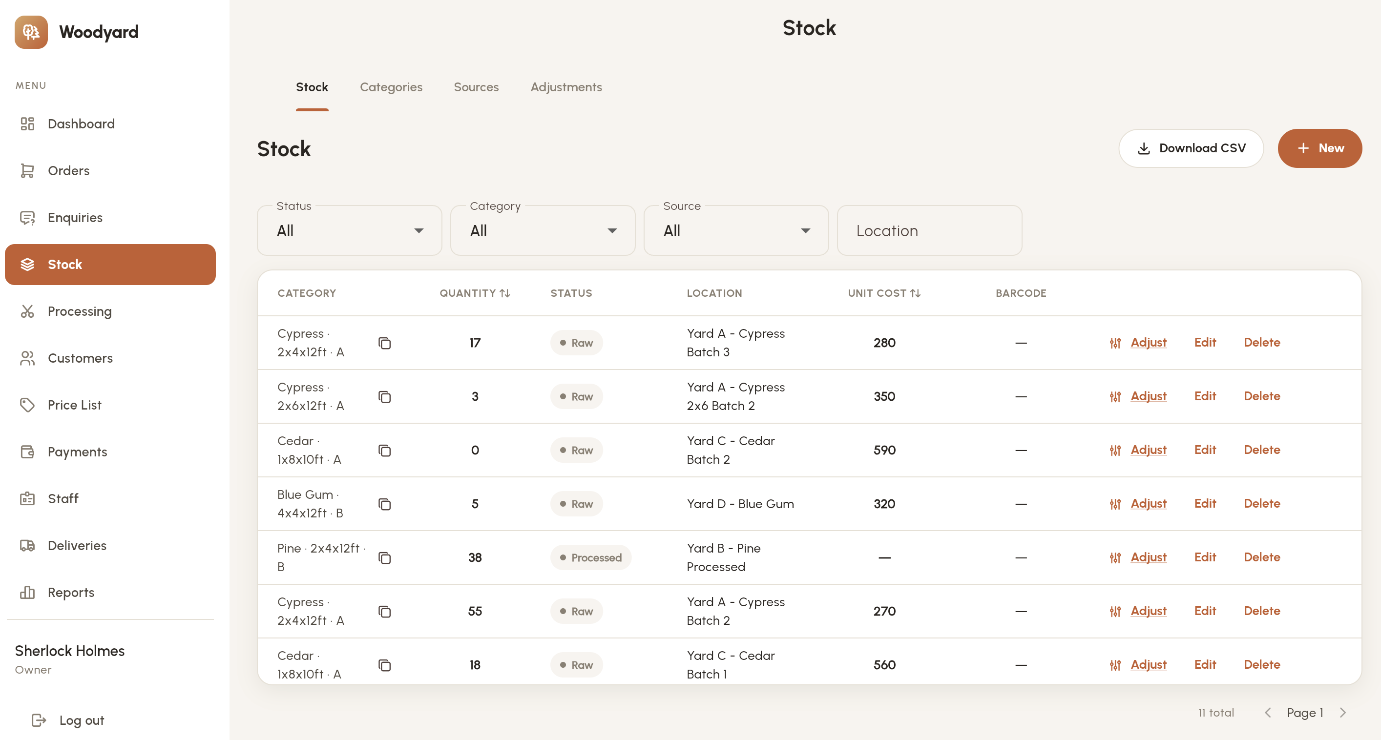 Woodyard admin Stock screen listing timber batches by species, dimension and grade (Cypress, Cedar, Blue Gum, Pine) with quantity, status, yard location, unit cost, and Adjust/Edit/Delete row actions.